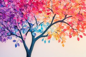 Obraz premium 3D wallpaper featuring a bright tree with multicolored leaves on elegant, hanging branches over a subtle gradient.