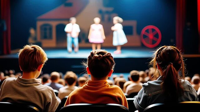 Group of cheerful children sitting in the theater watching the muppet show performance