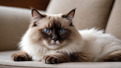 Chocolate point ragdoll cat lying on sofa in living room