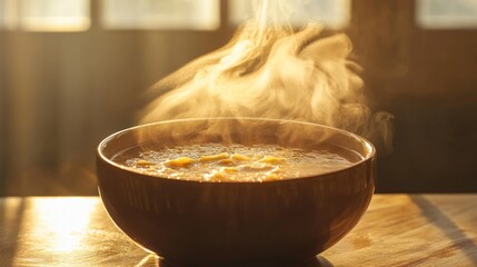 Steaming hot soup in wooden bowl on sunny table.