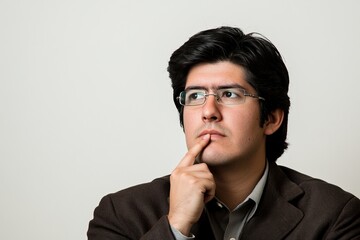 A thoughtful young man in a suit, pondering with a finger on his lips, against a plain background.