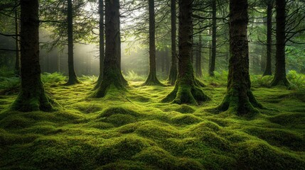 Obraz premium Sunbeams illuminate mossy forest floor.