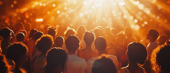 A crowd basks in the warm glow of golden sunset hues, forming a lively tapestry of silhouettes and vibrant energy under sparkling light bursts.