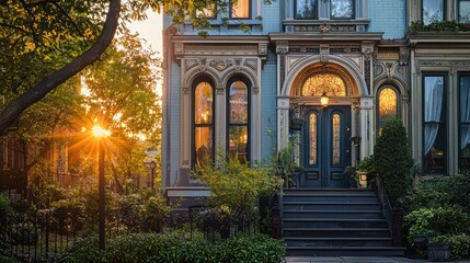 Sunlit Victorian house entrance at sunset.