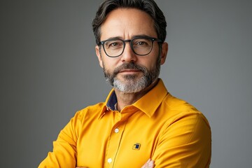 Obraz premium A man with glasses and a beard poses confidently in a bright yellow shirt.