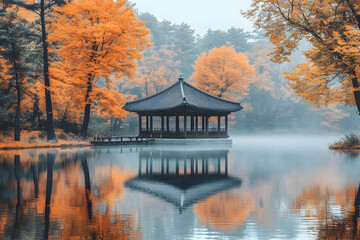 Autumn Pavilion, Misty Lake, Korean Garden, Calm