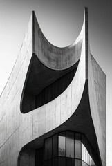 Obraz premium Abstract architectural design featuring graceful curves and sharp angles, showcasing modern concrete structures against a stark monochrome backdrop.