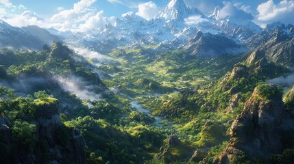 Majestic mountain range with lush valley, river, and mist.