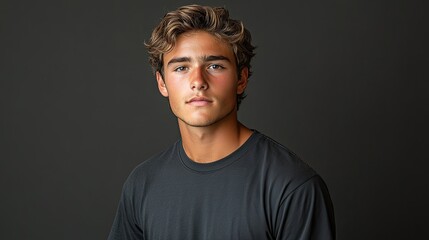 Fototapeta premium A portrait of a young man with a confident expression, set against a dark background.