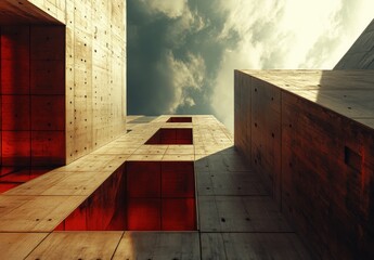 Abstract architecture photograph showcasing modern concrete structures with a unique play of light and shadow against a dramatic sky and vivid colors, emphasizing geometric shapes and textures.