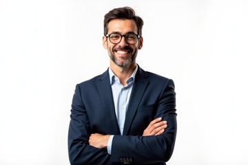 Confident Male Business Professional Smiling in Suit with Arms Crossed Against White Background &ndash; Perfect for Corporate or Business Concepts