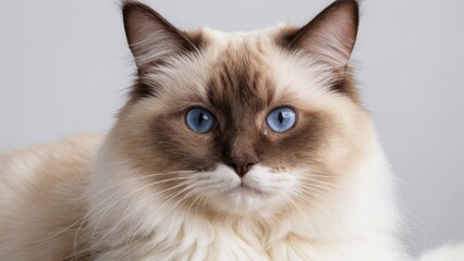 Portrait of Chocolate point ragdoll cat on grey background
