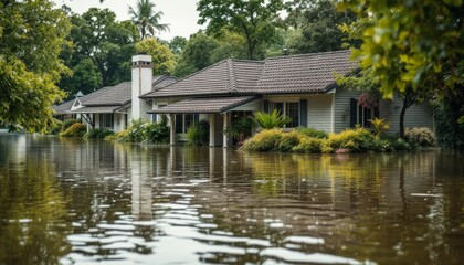 Flooded Houses Submerged In Rising Waters Beside Lush Greenery