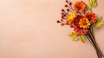 Obraz premium Vibrant Autumn Flower Arrangement with Warm Tones on Neutral Background