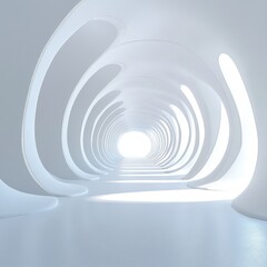 Obraz premium Abstract futuristic architecture featuring a surreal empty corridor with smooth curved walls, bright light illuminating the space in minimalistic design aesthetic.