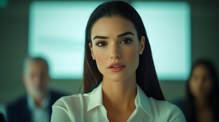 Fototapeta premium A Fully Dressed Businesswoman with Confident Eyes in a Modern Office