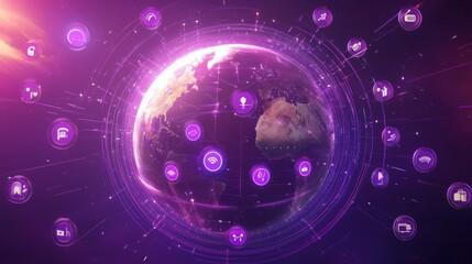 Obraz premium Social media planet concept, circular profile avatars, revolving connection rings, gentle purple atmosphere, floating interaction symbols, dimensional earth rendering, diverse user icons, modern