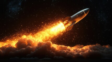 A rocket launching into space, emitting fiery exhaust amidst a starry backdrop.