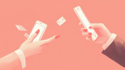 Minimalist social media marketing illustration, two hands interacting with mobile devices, email notification icons, engagement metrics counter showing 999 likes, coral red nail polish, business suit