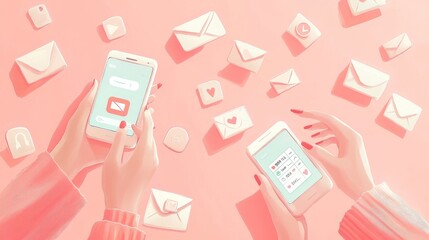 Minimalist social media marketing illustration, two hands interacting with mobile devices, email notification icons, engagement metrics counter showing 999 likes, coral red nail polish, business suit