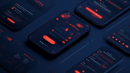 Naklejka premium Digital marketing interface visualization, dual phone interaction scene, floating social engagement symbols, message notification designs, profile interface elements, statistical graph icons, vector