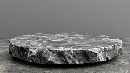 Naklejka premium A round, textured stone platform with a rugged edge, set against a simple gray background.