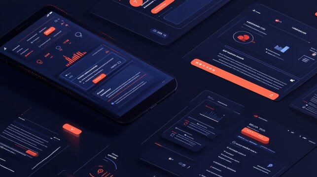 Digital marketing interface visualization, dual phone interaction scene, floating social engagement symbols, message notification designs, profile interface elements, statistical graph icons, vector