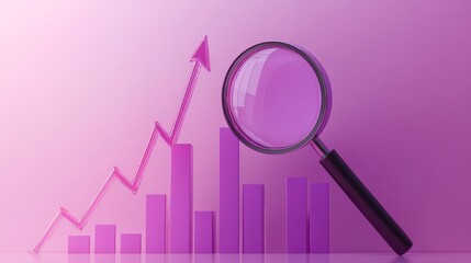 Modern data analytics visualization with magnifying glass lens, purple gradient statistical bars, upward trending pink arrow, matte black handle detail, soft pink backdrop, clean business aesthetic,