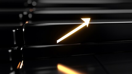 Glowing arrow ascends black blocks, dark background, growth chart