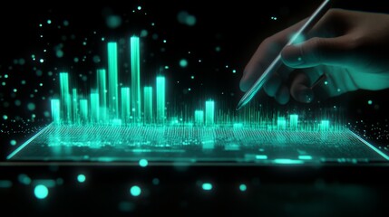 Digital holographic bar chart floating above dark tablet surface, glowing cyan data visualization, business hand holding stylus interacting with luminous graph, scattered light particles in space,