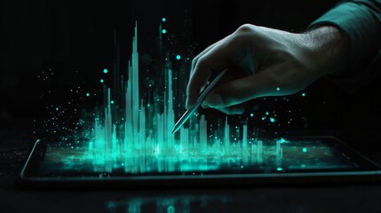 Digital holographic bar chart floating above dark tablet surface, glowing cyan data visualization, business hand holding stylus interacting with luminous graph, scattered light particles in space,