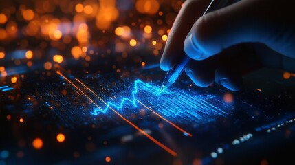 Interactive SEO analytics dashboard, luminescent blue statistical bars, floating holographic text elements, hand drawing ascending trend line with digital pen, ambient particle effects in orange and