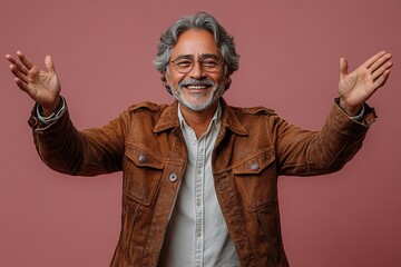 A smiling man with gray hair and glasses, wearing a brown jacket, gestures warmly against a pink background.