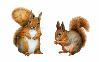 Red squirrel vintage style hand drawn illustration set. Forest wildlife animal. Cute fluffy red squirrel couple detailed realistic front and side view image. Woodland small rodent on white background © anitapol