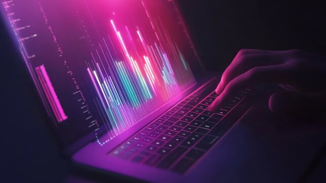 holographic interface floating above laptop, digital marketing analytics dashboard, ascending bar graph, colorful data visualization, line chart overlay, dark moody lighting, professional hand - Powered by Adobe