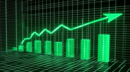 Green growth chart, rising trend, digital grid background, financial success