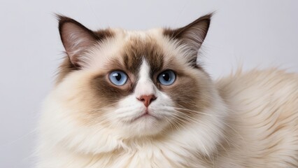 Portrait of Chocolate point ragdoll cat on grey background