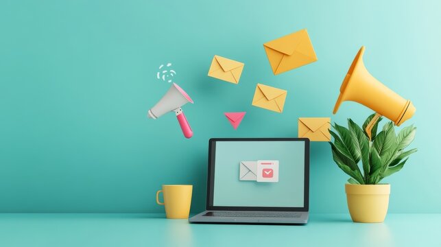3d laptop model, email interface display, floating marketing icons, minimalist email inbox layout, colorful navigation tabs, paper airplane icon, megaphone element, potted plant decoration, soft blue