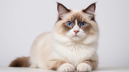 Portrait of Chocolate point ragdoll cat on grey background
