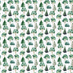 Fototapeta premium Mix tree green forest seamless pattern element. Fir trees, bushes, linden on tender blue stripe background. Elegant woodland illustration pattern design perfect for printing, textile, wrapping paper