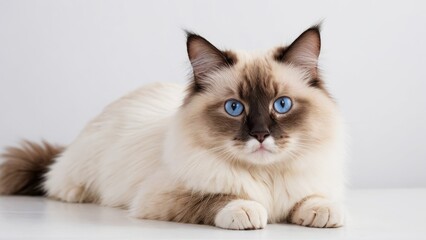 Portrait of Chocolate point ragdoll cat on grey background