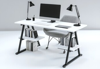 Modern White Desk Setup With Books And Lamps