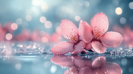 Fototapeta premium Serene Cherry Blossoms Reflected in Water with Bokeh Background