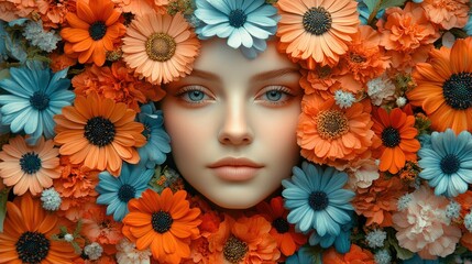 A serene face surrounded by vibrant flowers, blending nature with beauty.