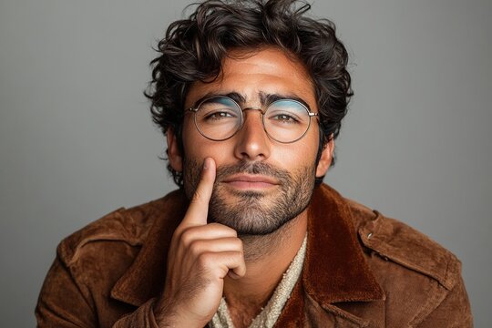 A thoughtful young man with curly hair and glasses poses confidently, showcasing a stylish look.