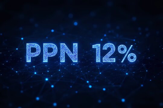 Hologram text PPN 12% and glowing dots with hologram polygonal lines connected in dark working office and copy space for text