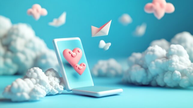 Modern mobile device render, cloud computing elements, floating message dialog boxes, heart interaction symbols, cheerful emoticons with heart eyes, origami-style paper airplane messenger icon,