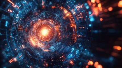 Obraz premium Abstract digital tunnel with glowing particles and vibrant colors.