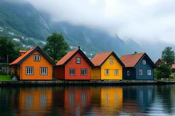 Fototapeta premium Colorful houses reflect on fjord, misty mountains