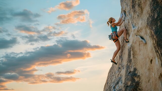 Woman Rock Climbing at Sunset Sky